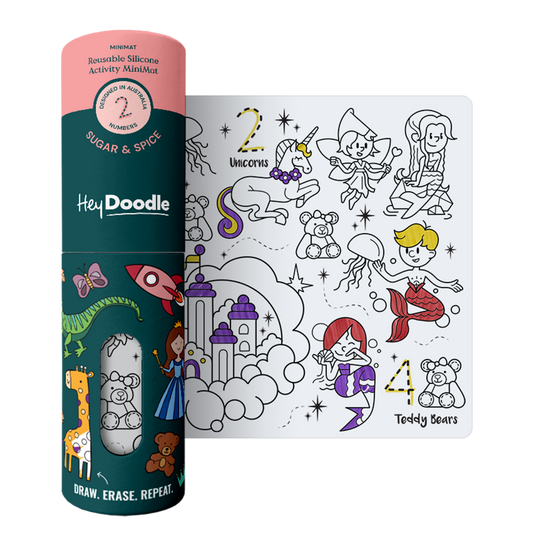 HeyDoodle mini mat sugar and spice with illustrations of unicorns, castle, mermaids, fairy, teddy bear.